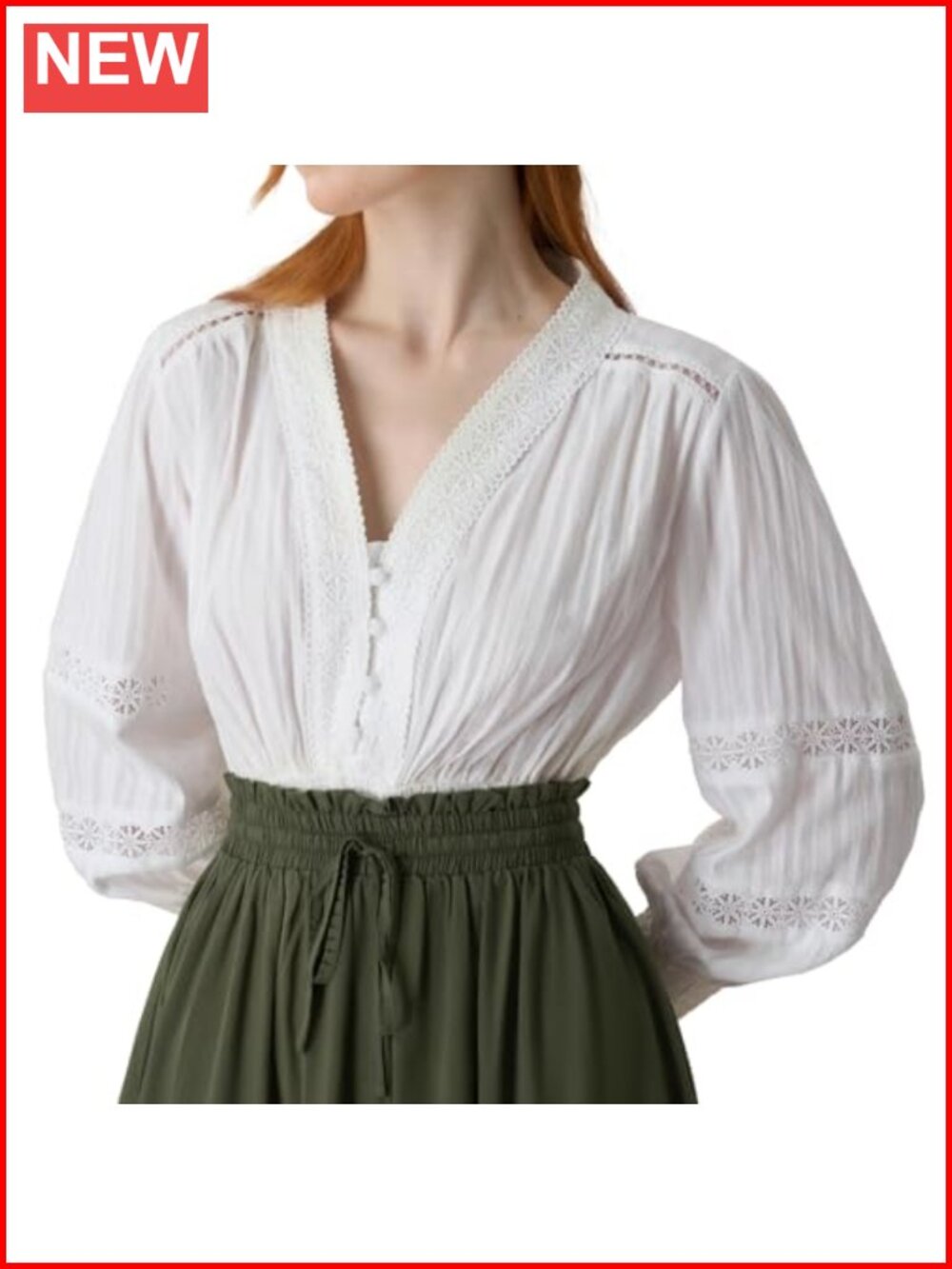 Women's Cotton Peasant Blouse Long Sleeve V Neck Smocked Waist Ren Faire Top